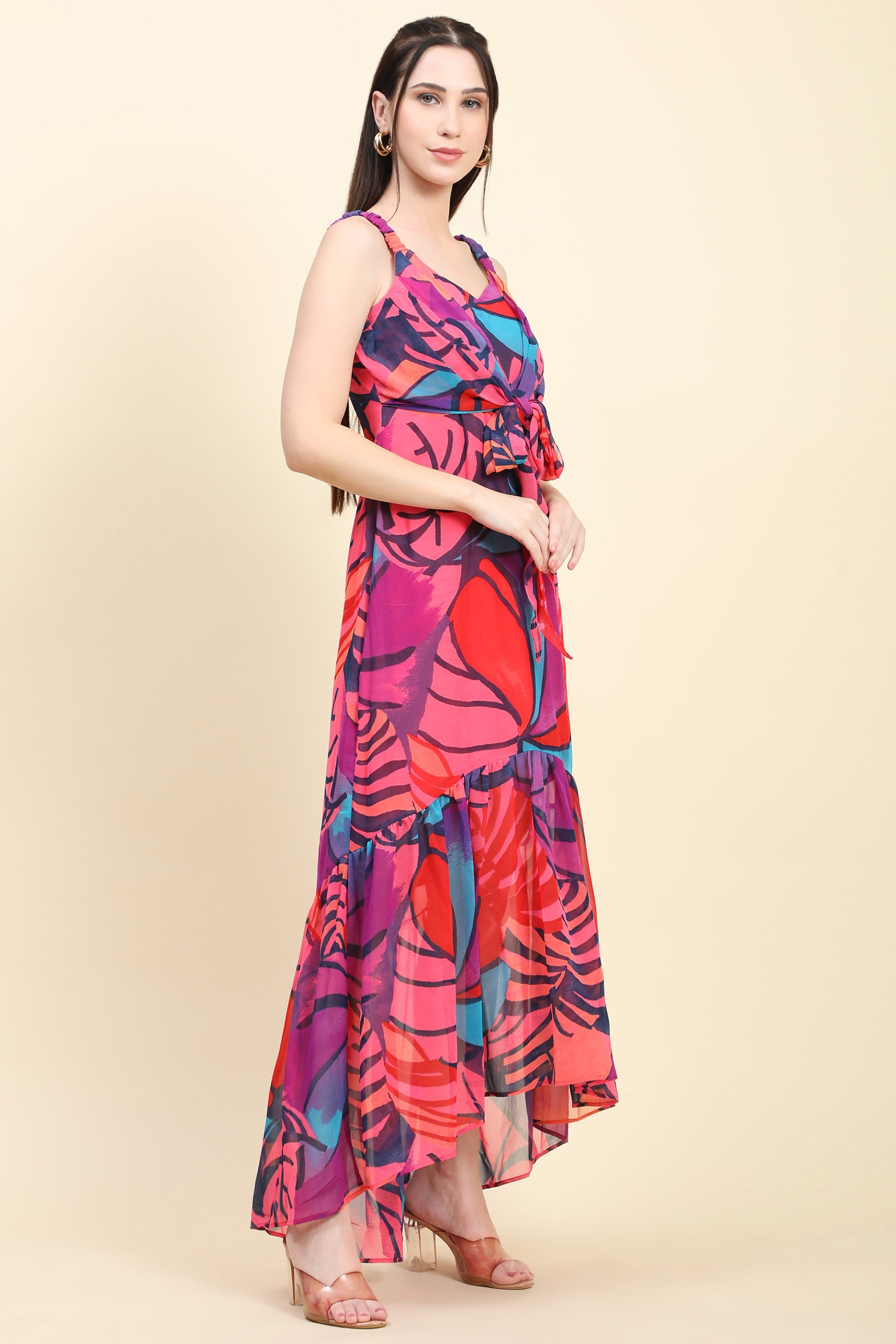 Women's Pink base Multicolor print Mermaid Dress with Tie knot at waist - MIRACOLOS by Ruchi