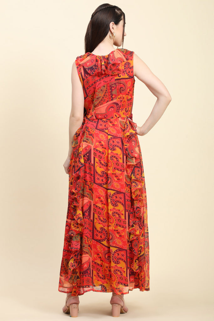 Women's Red base Chiffon multicolor print Ruffle Dress