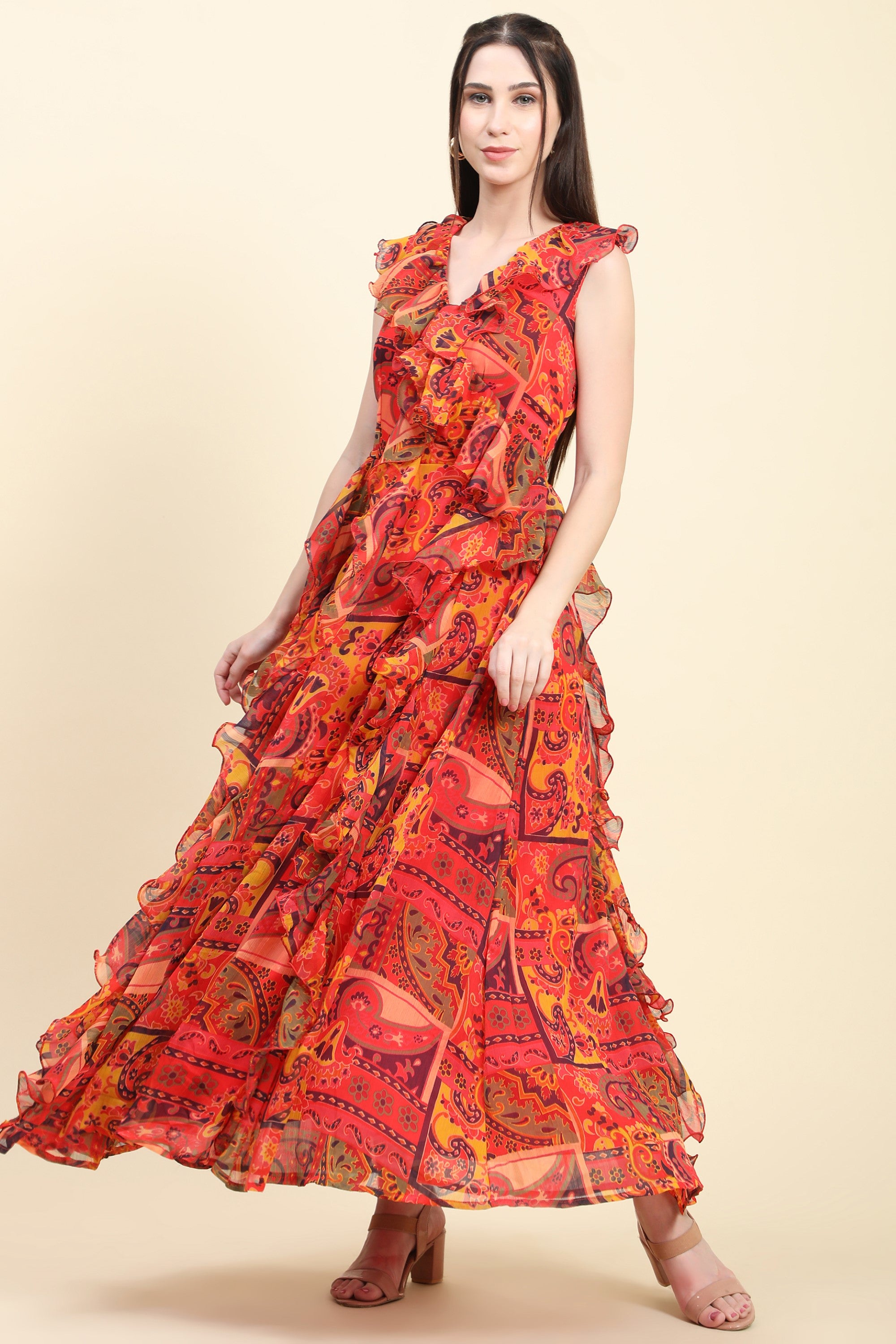 Women's Red base Chiffon Multicolor print Ruffle Dress Multicolor / 2XL