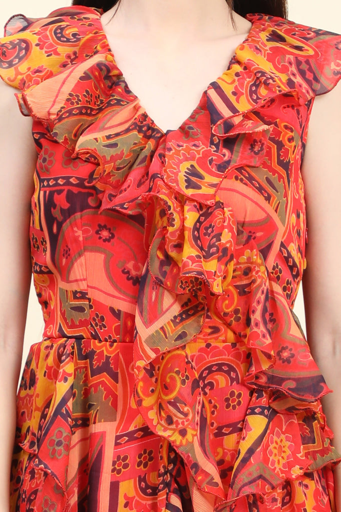 Women's Red base Chiffon multicolor print Ruffle Dress