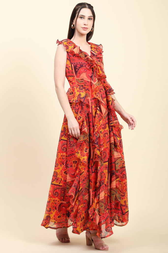 Women's Red base Chiffon multicolor print Ruffle Dress