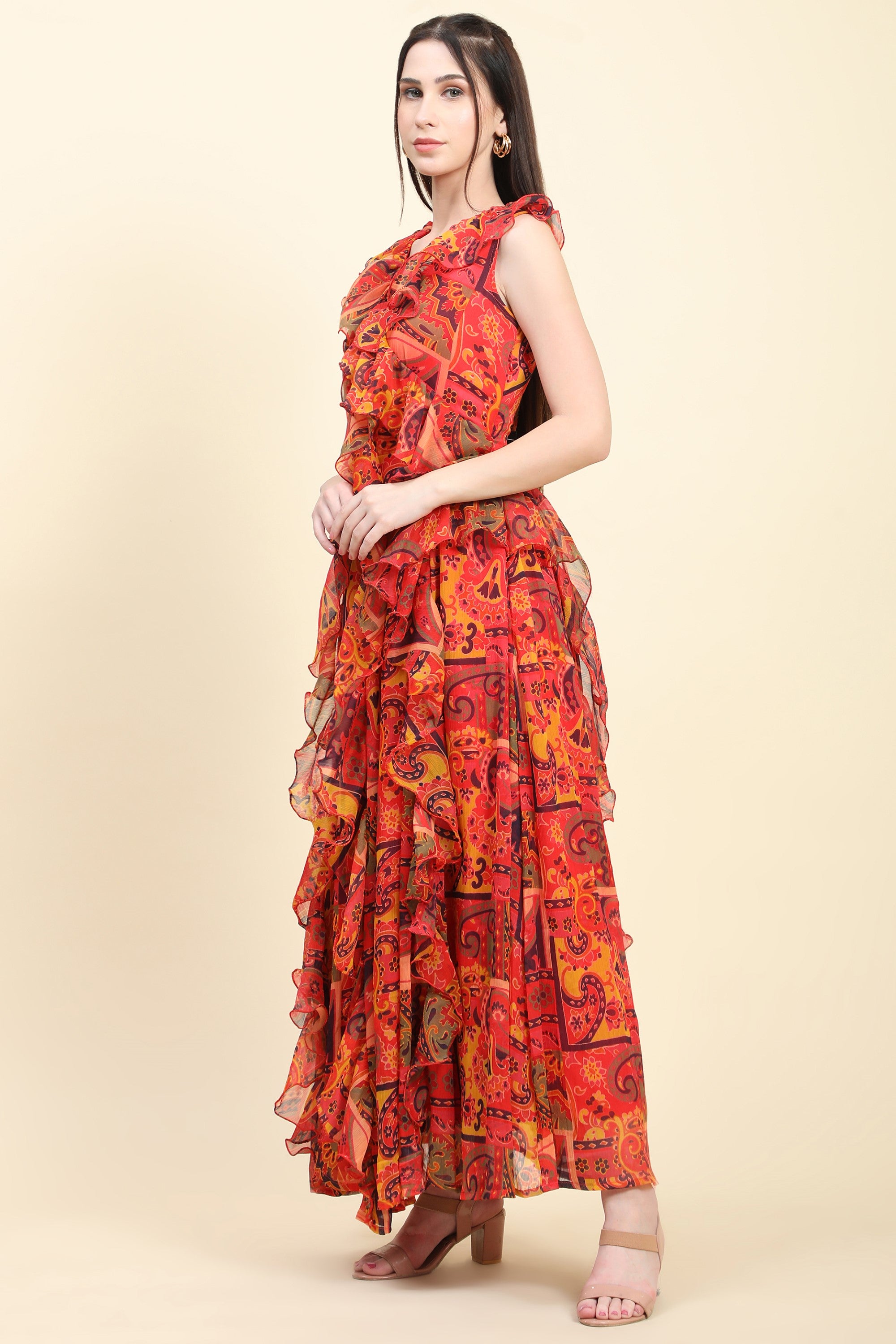 Women's Red base Chiffon multicolor print Ruffle Dress - MIRACOLOS by Ruchi
