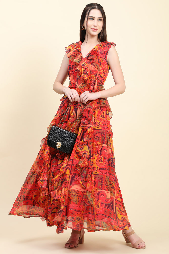 Women's Red base Chiffon multicolor print Ruffle Dress