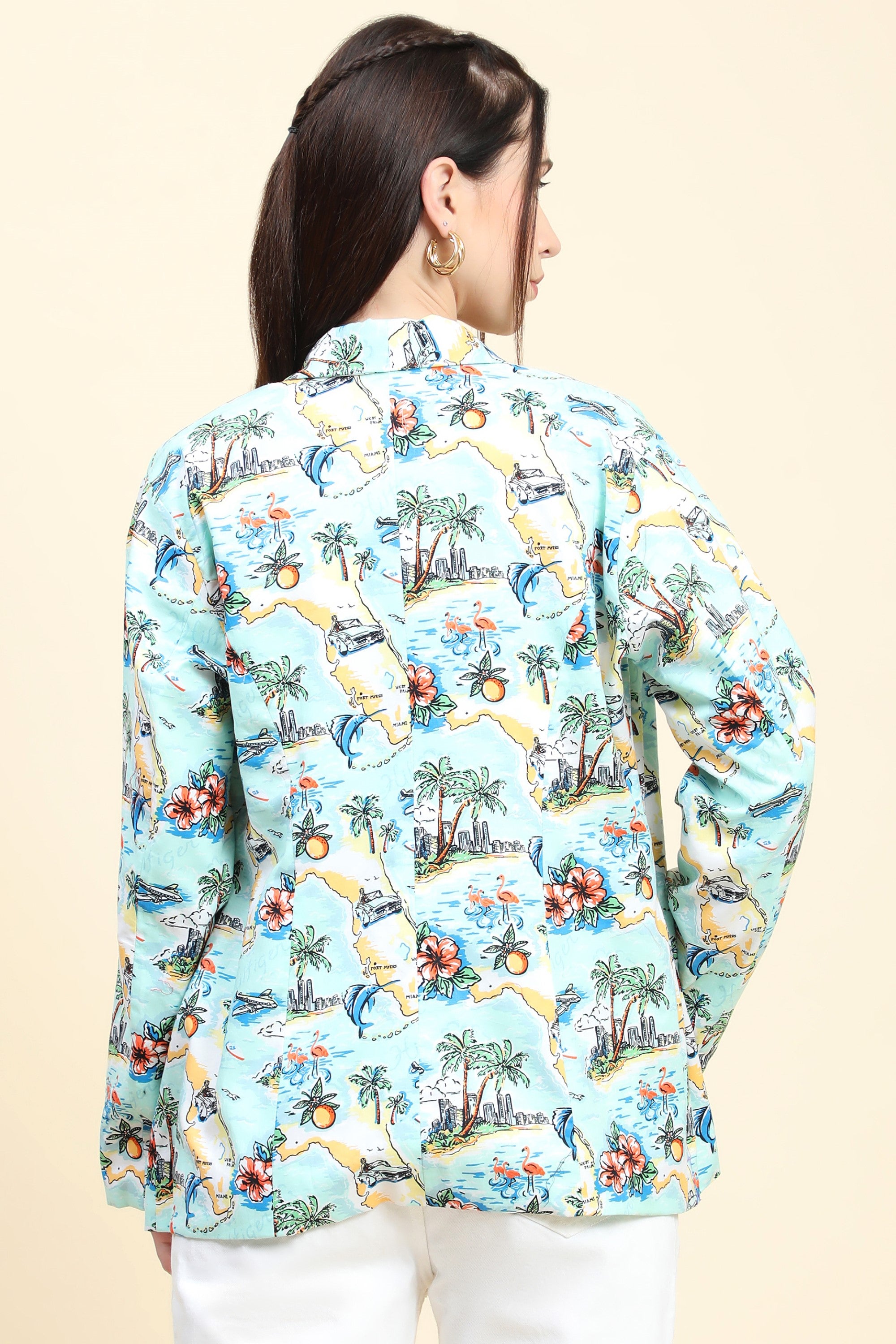 Women's Sky Blue base multicolor beach print Poplin Coat - MIRACOLOS by Ruchi