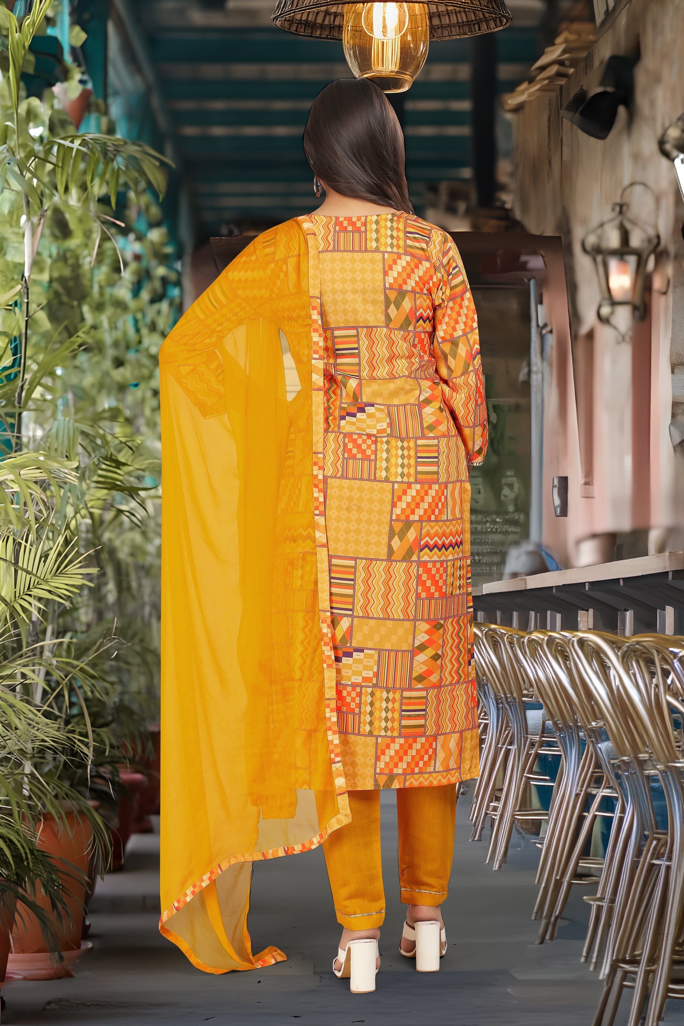 Women's V Neck Embroidered Work, Chanderi Fabric Kurta & Pant With Dupatta Set