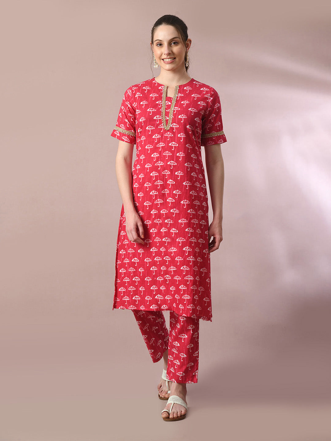 Women's  Pink Printed Cotton Straight Party Kurta Sets  - Myshka