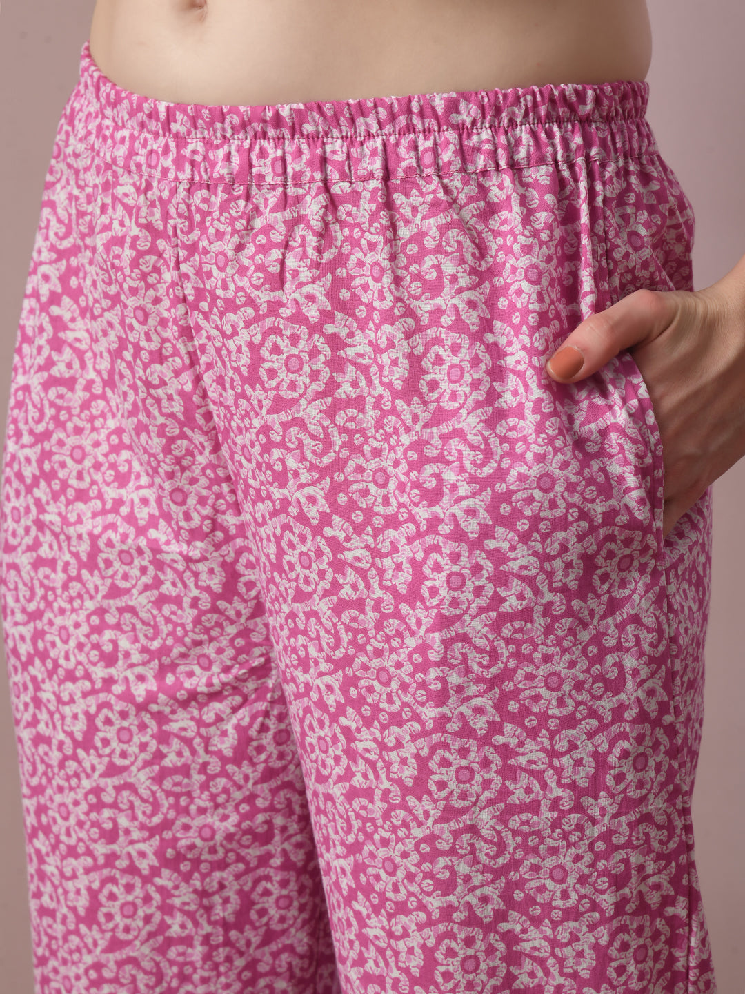 Women's  Pink Printed Cotton Straight Party Kurta Sets  - Myshka
