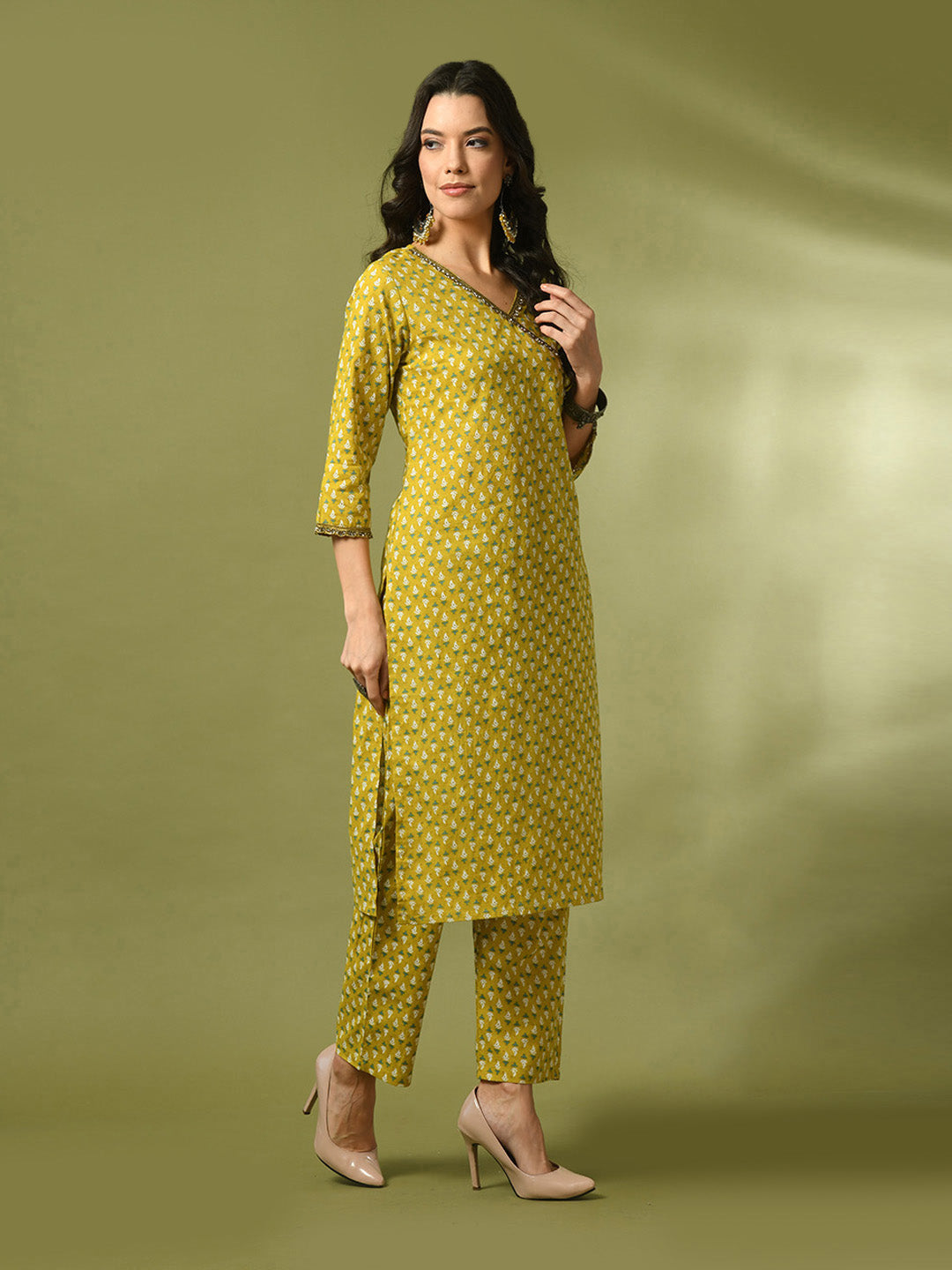 Women's  Yellow Printed Cotton Straight Party Kurta Sets  - Myshka