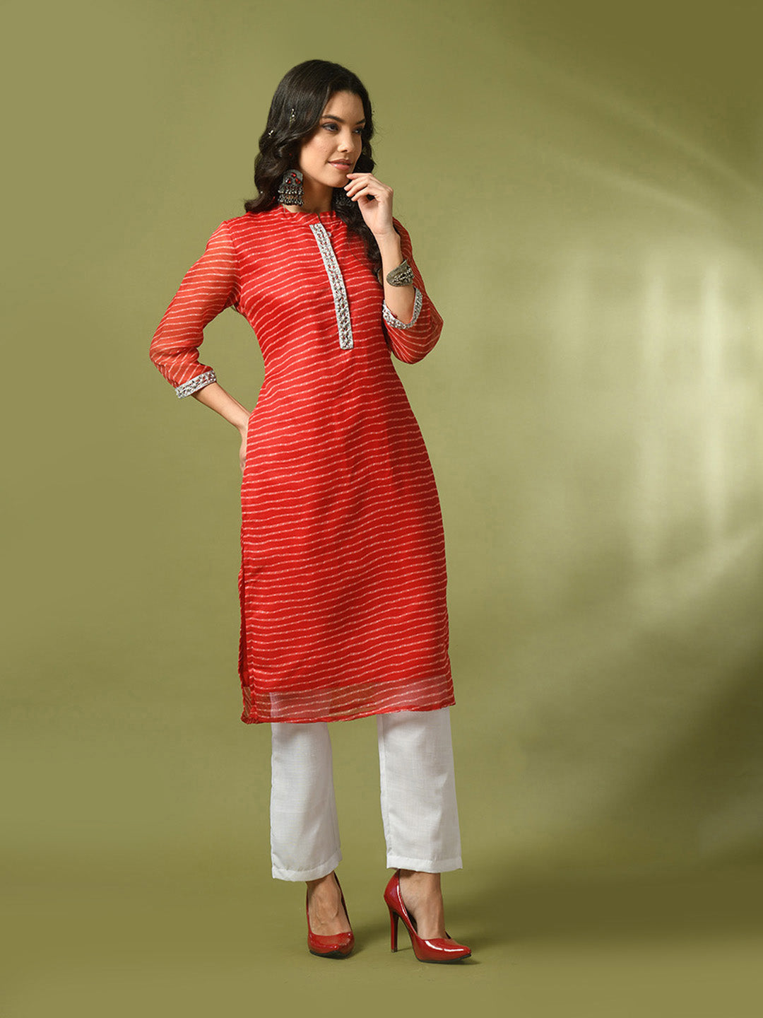 Women's  Red Printed Cotton Blend Straight Party Kurta Sets  - Myshka