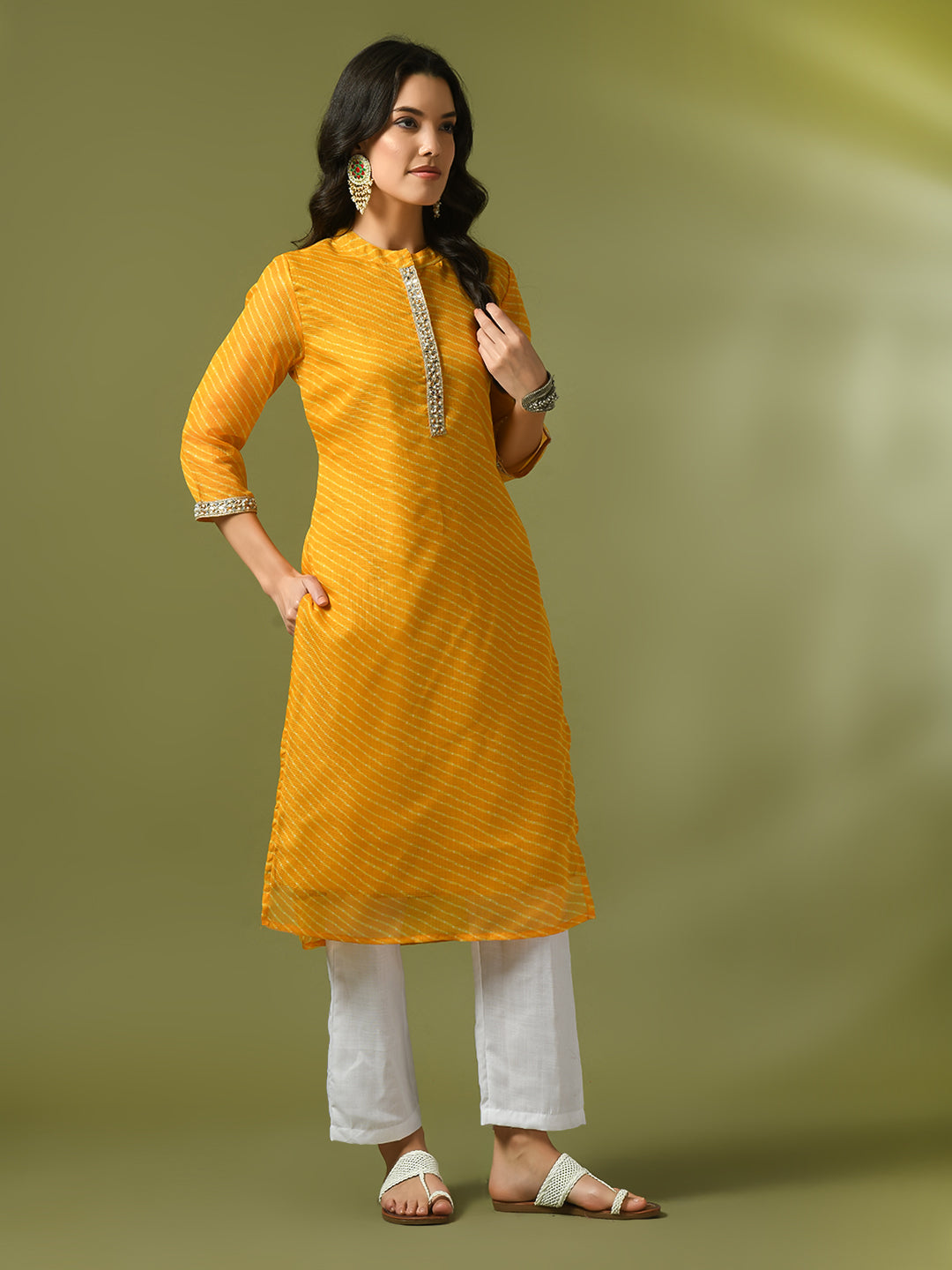 Women's  Yellow Printed Cotton Blend Straight Party Kurta Sets  - Myshka