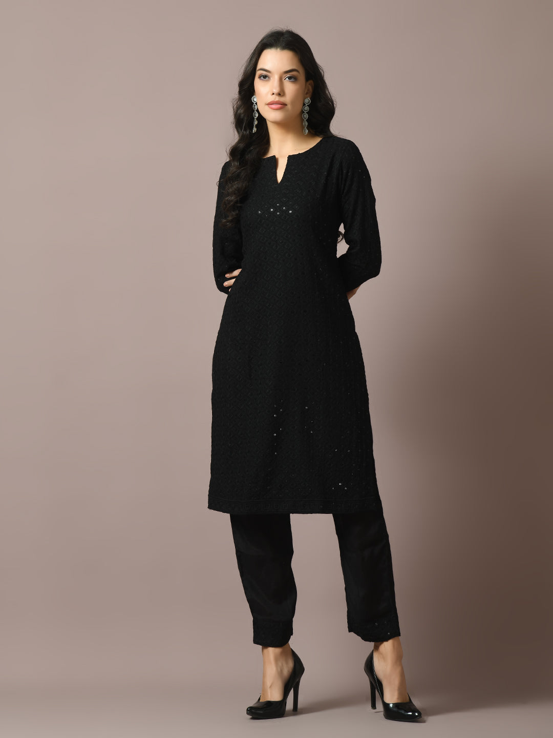 Women's  Black Embroidered Cotton Straight Party Kurta Sets  - Myshka