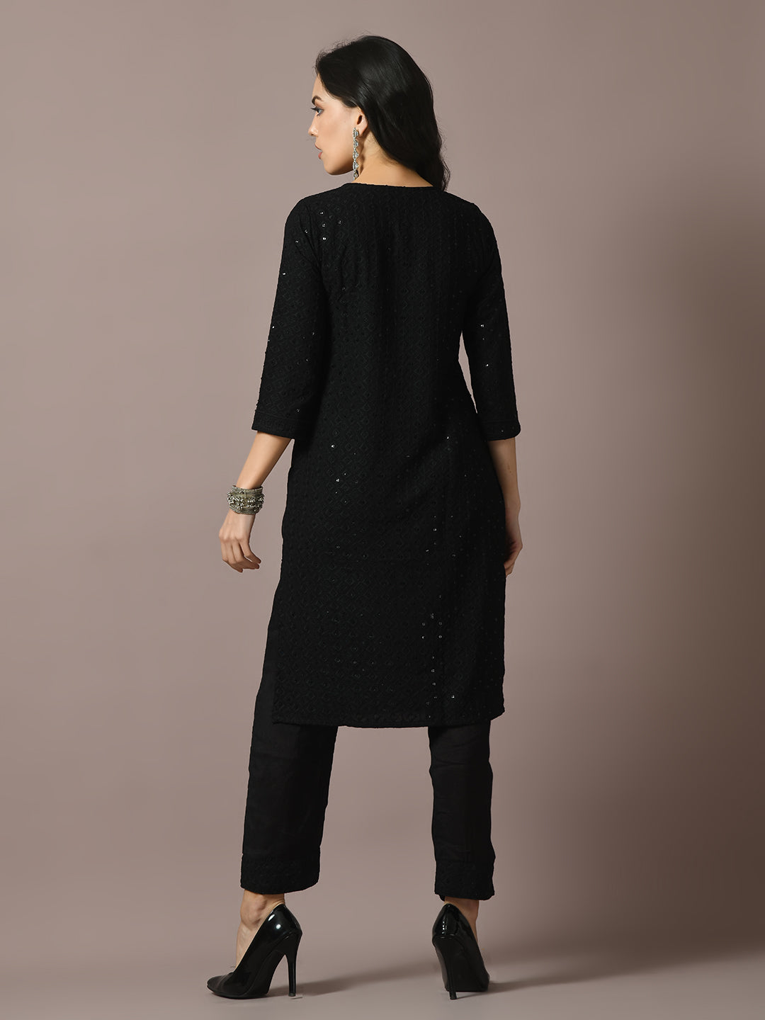 Women's  Black Embroidered Cotton Straight Party Kurta Sets  - Myshka