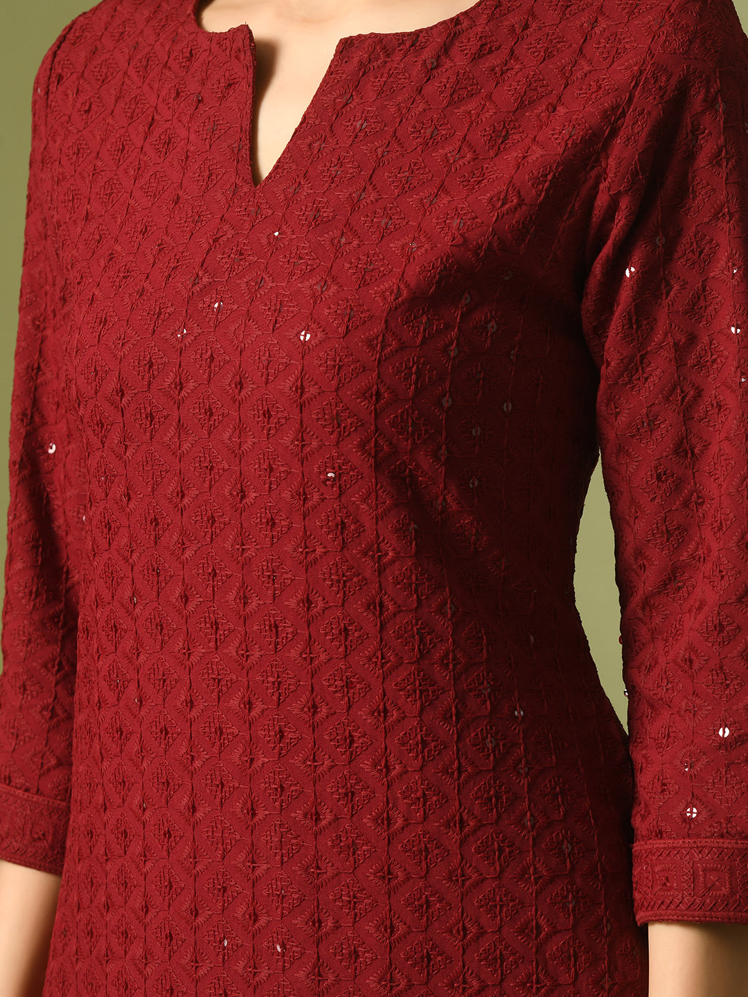 Women's  Maroon Embroidered Cotton Straight Party Kurta Sets  - Myshka