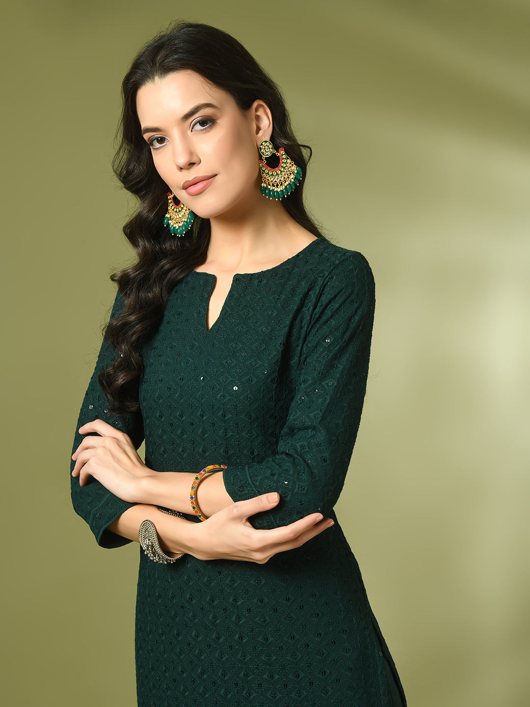 Women's  Green Embroidered Cotton Straight Party Kurta Sets  - Myshka