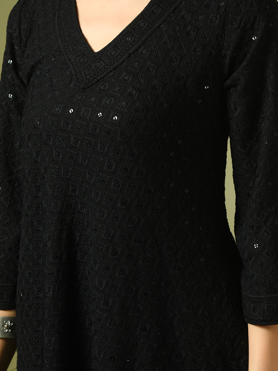 Women's  Black Embroidered Cotton A-Line Party Kurta Sets  - Myshka
