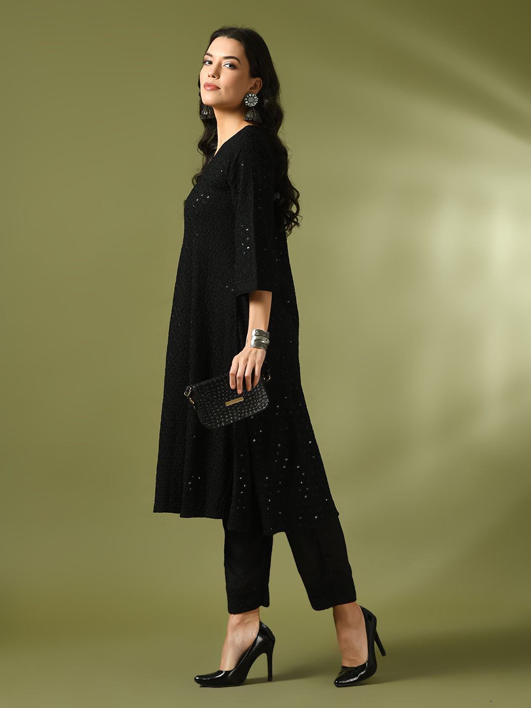 Women's  Black Embroidered Cotton A-Line Party Kurta Sets  - Myshka