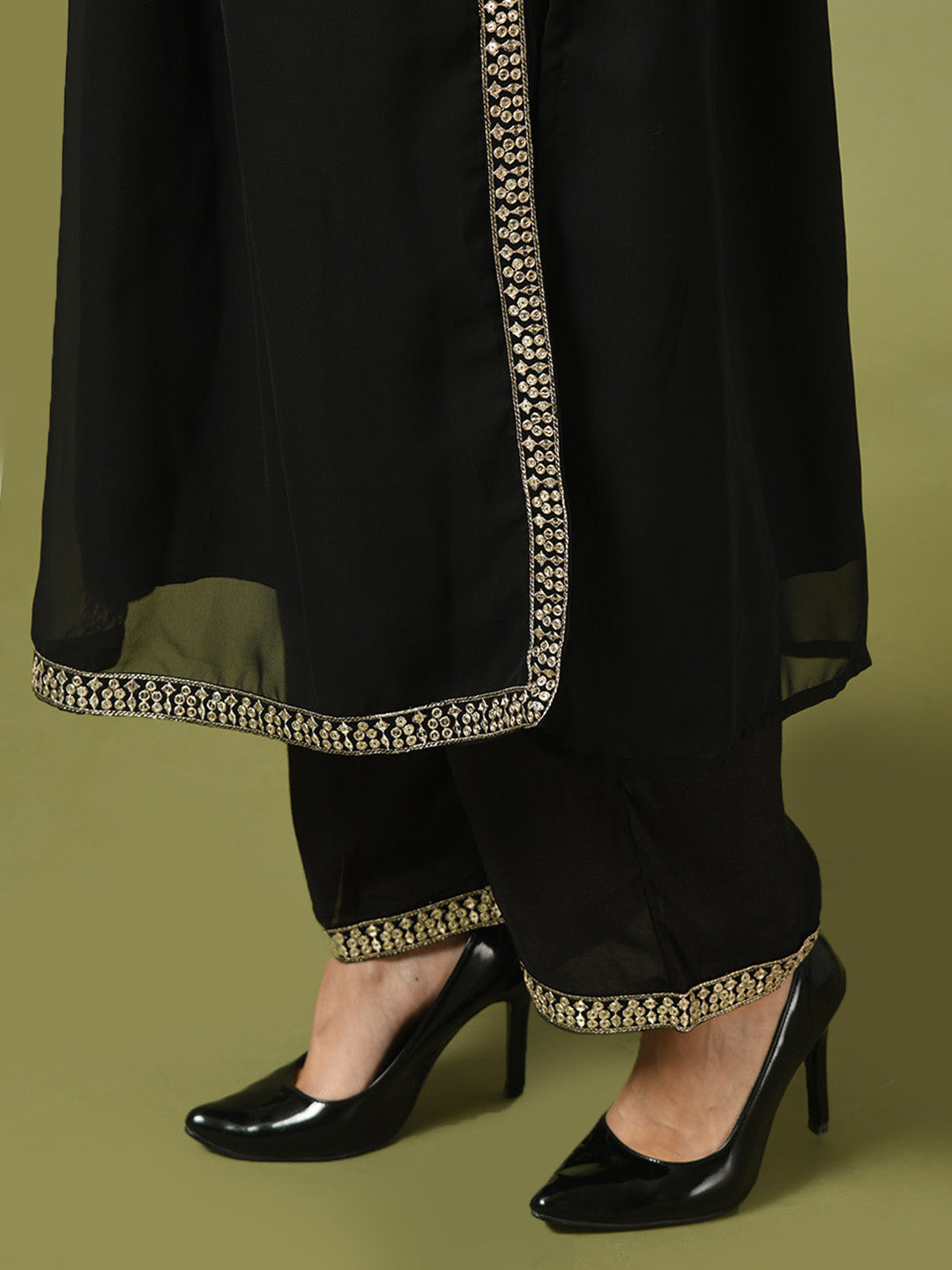 Women's  Black Embroidered Georgette Anarkali Party Kurta Sets  - Myshka