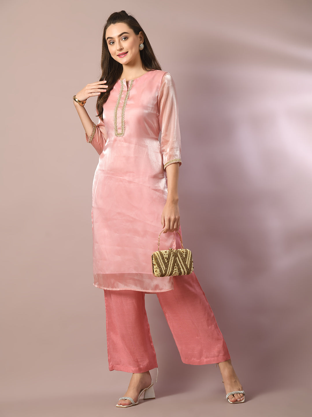 Women's  Pink Solid Straight Party Kurta Sets  - Myshka