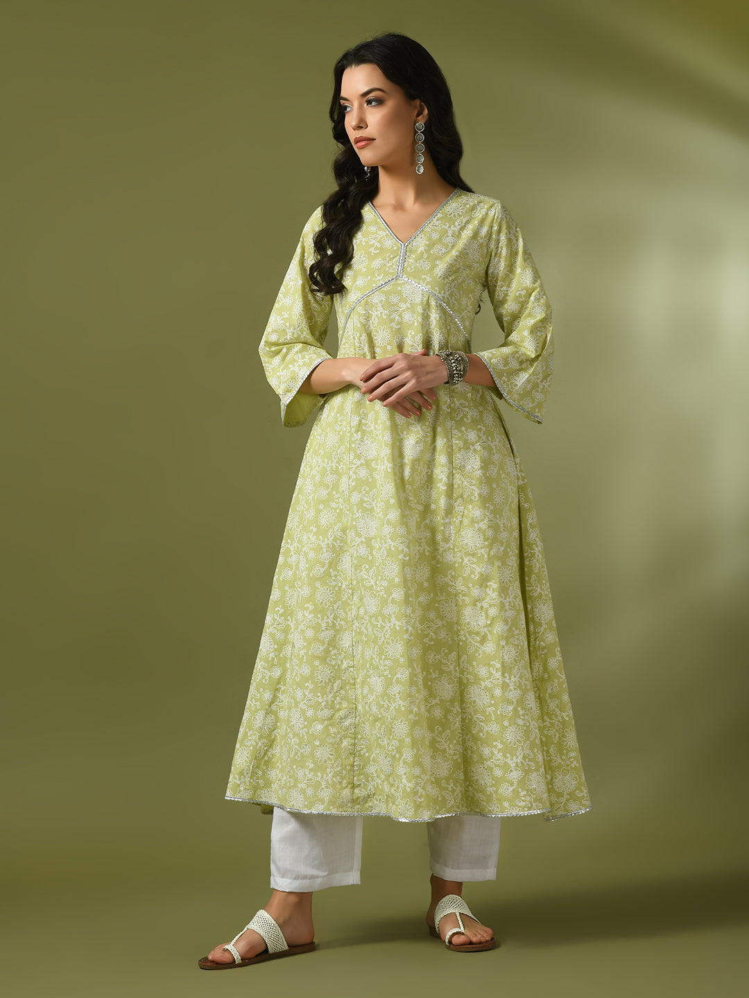 Women's Lime Green Printed Cotton Anarkali Party Kurta Sets  - Myshka