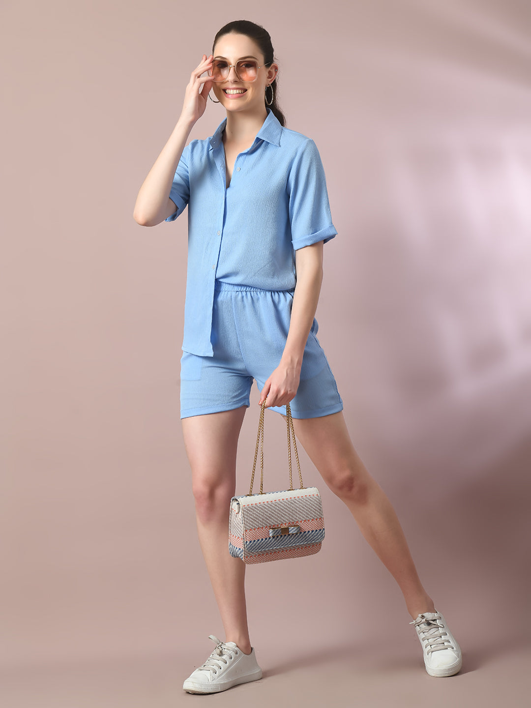 Women's  Blue Solid Regular Fit Shirt - Myshka