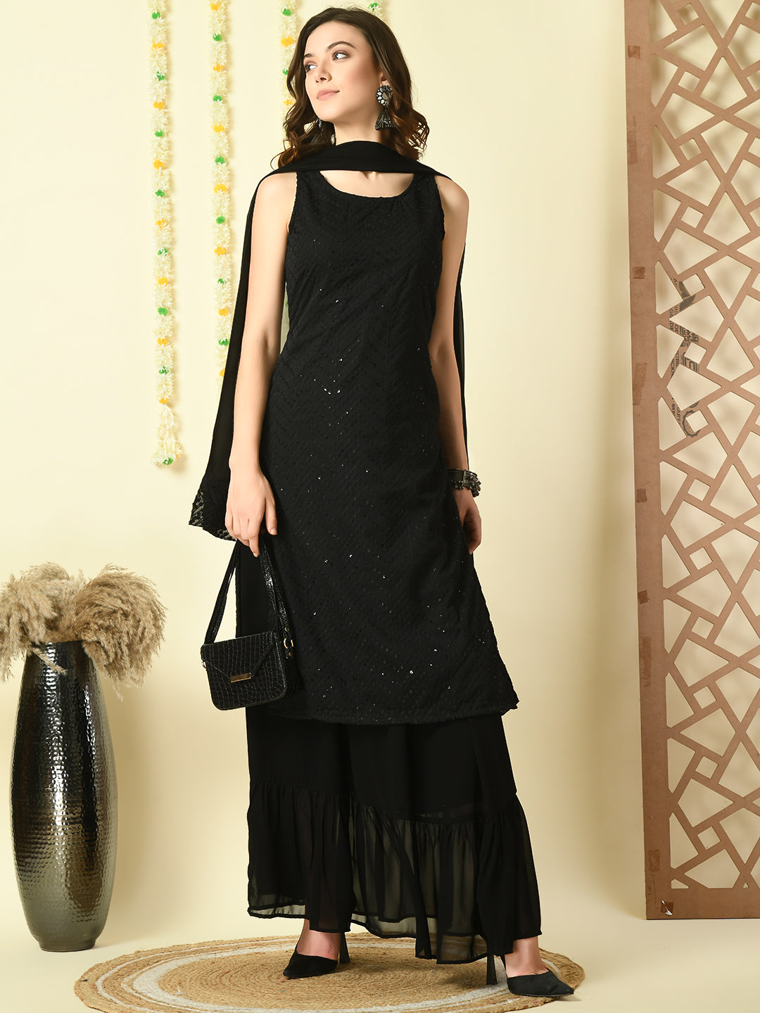 Women's Black  Georgette Kurta & Skirt With Dupatta Party Sets - Myshka