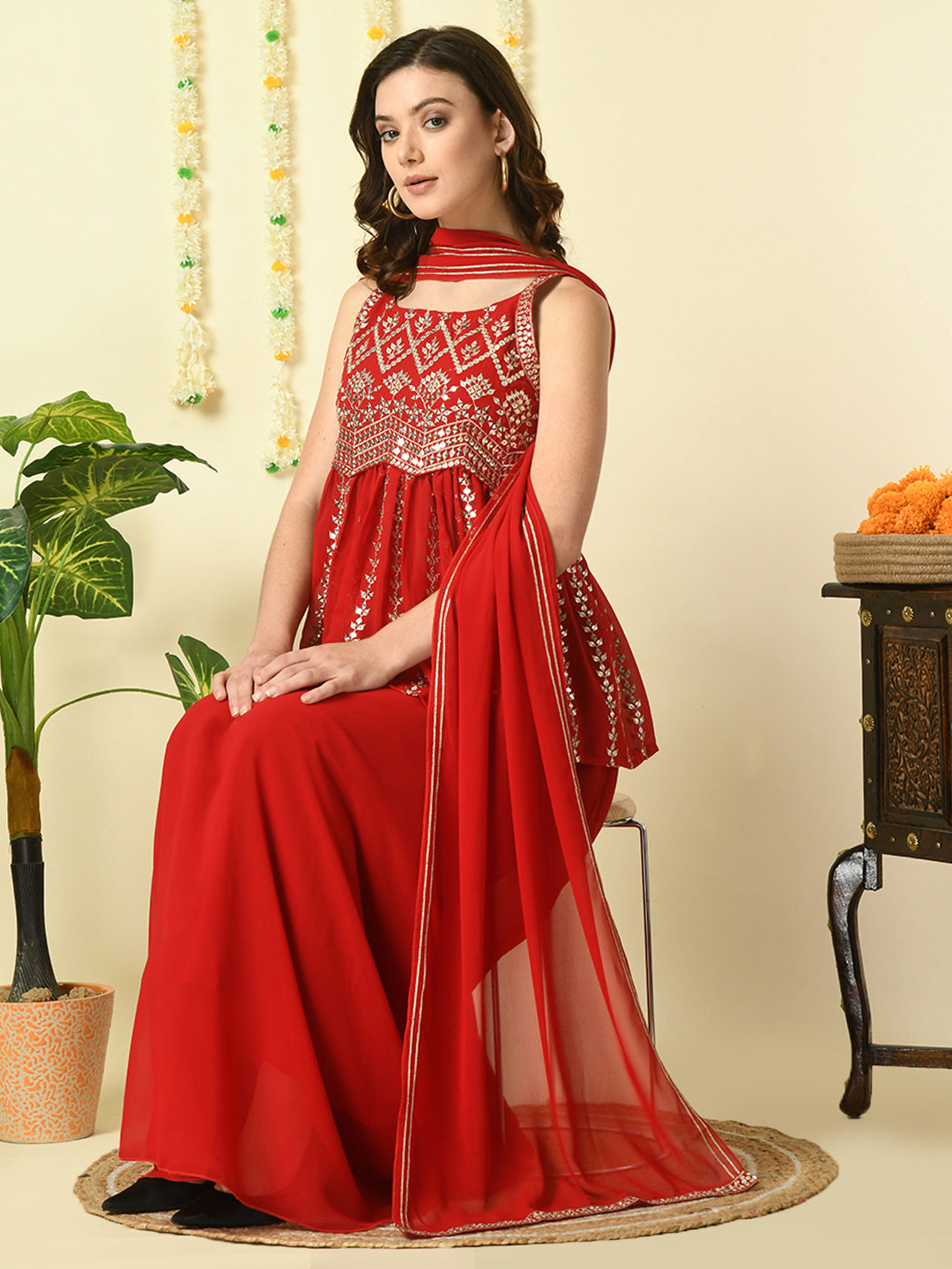 Women's Red  Georgette Top & Skirt With Dupatta Party Sets - Myshka