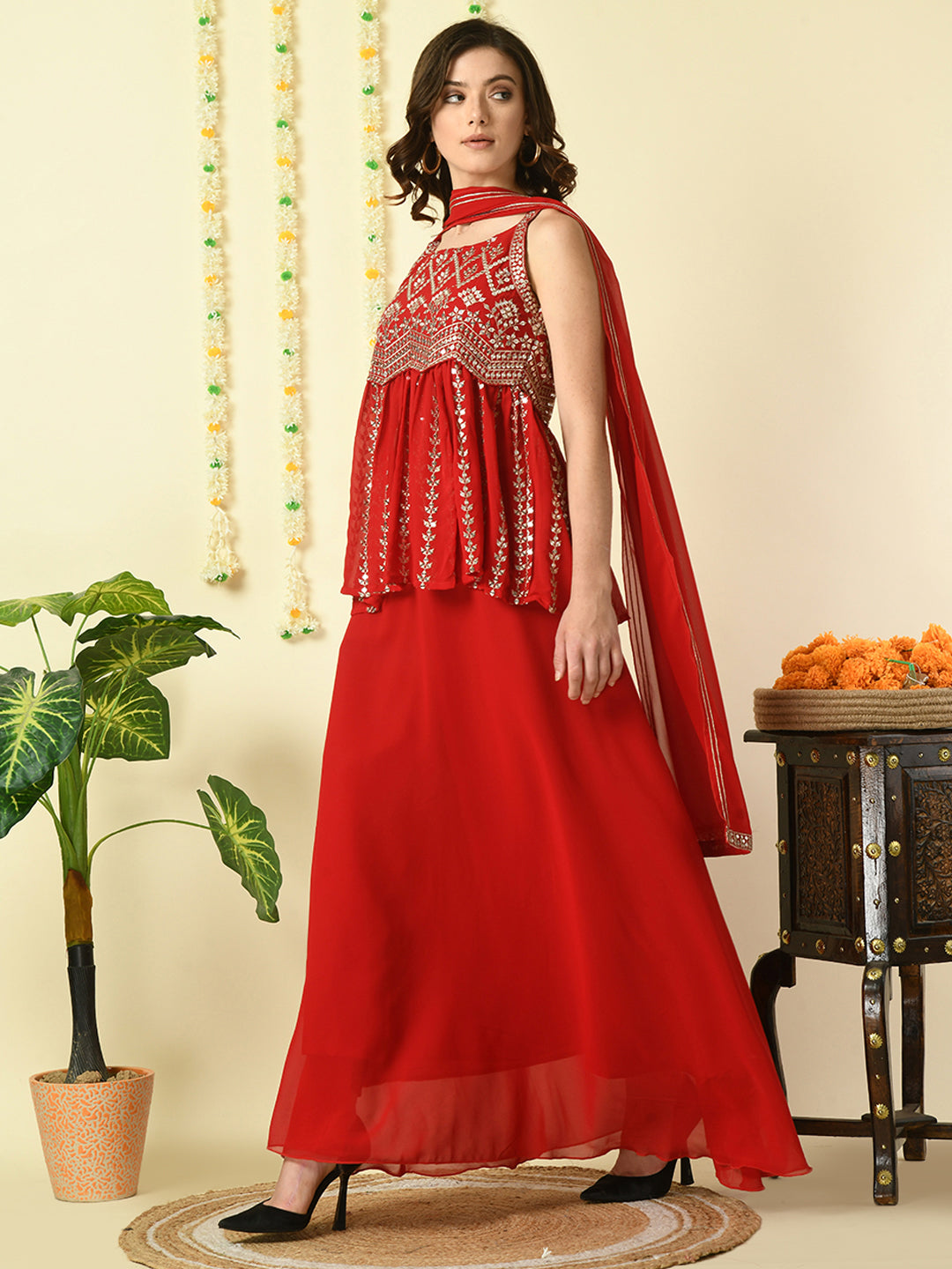 Women's Red  Georgette Top & Skirt With Dupatta Party Sets - Myshka