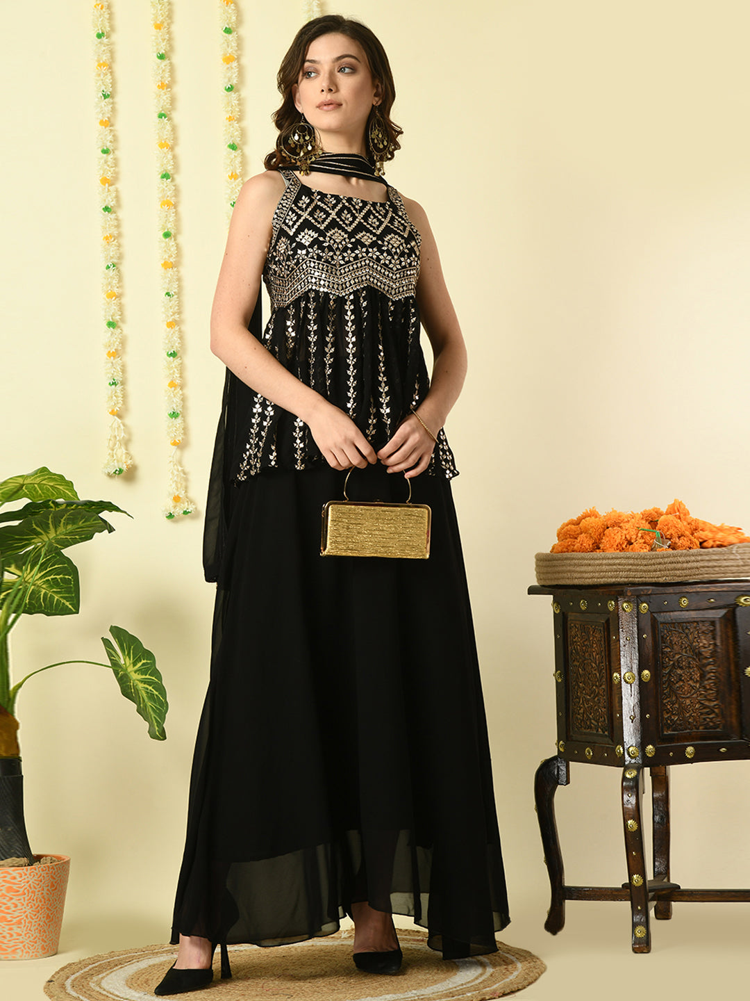 Women's Black  Georgette Top & Skirt With Dupatta Party Sets - Myshka
