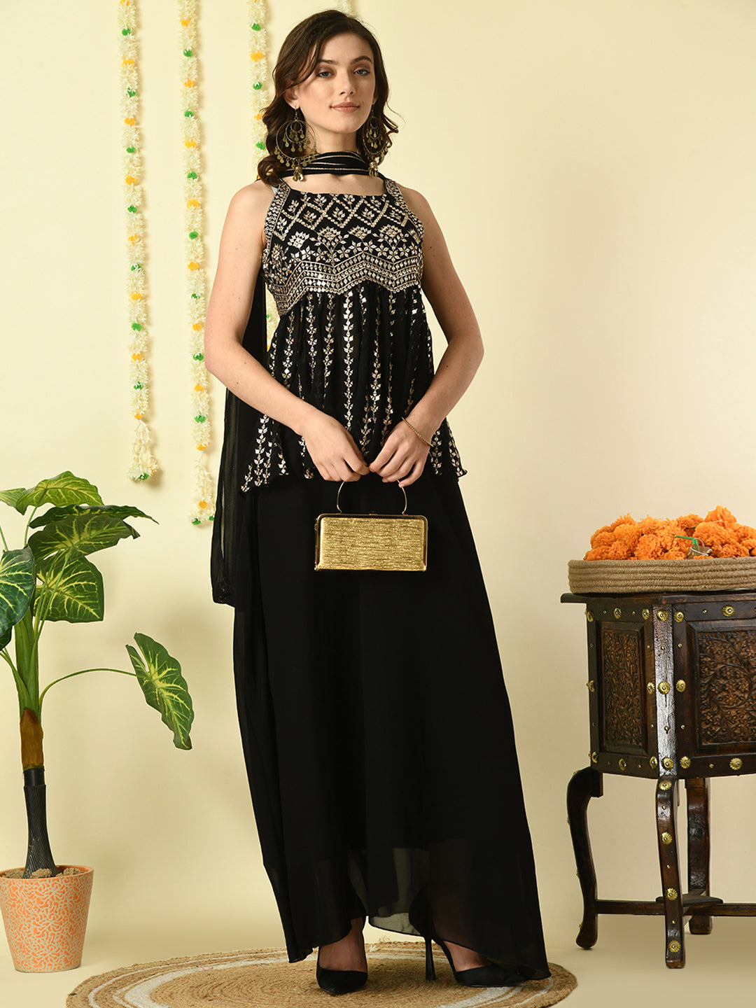 Women's Black  Georgette Top & Skirt With Dupatta Party Sets - Myshka