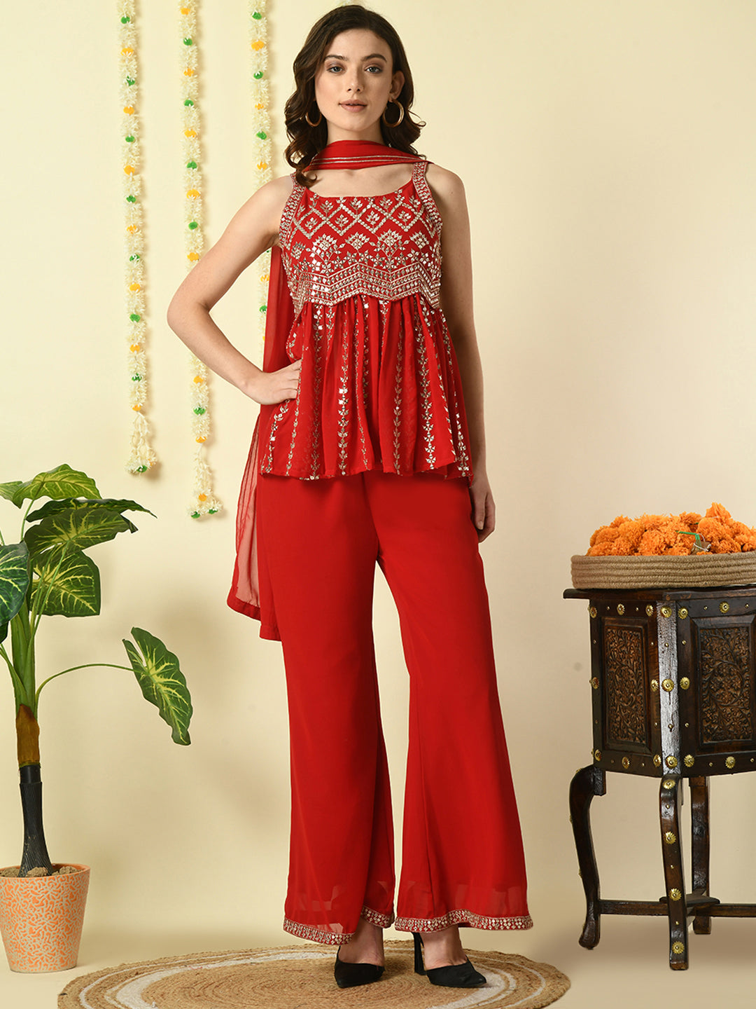Women's Red  Georgette Top & Palazzos With Dupatta Party Sets - Myshka