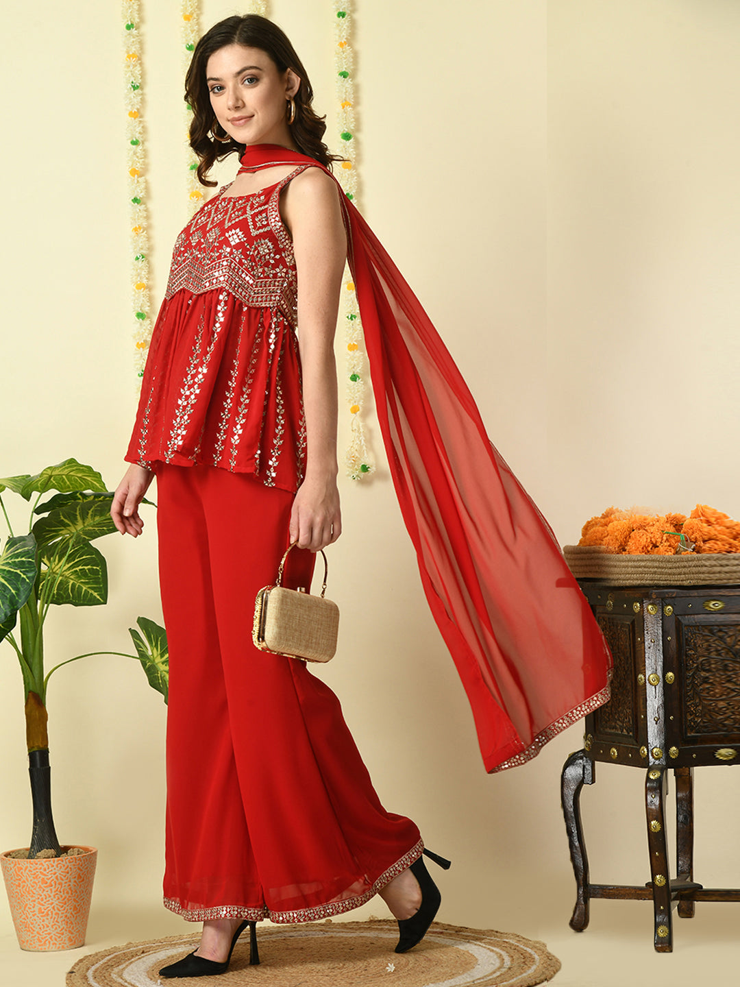 Women's Red  Georgette Top & Palazzos With Dupatta Party Sets - Myshka