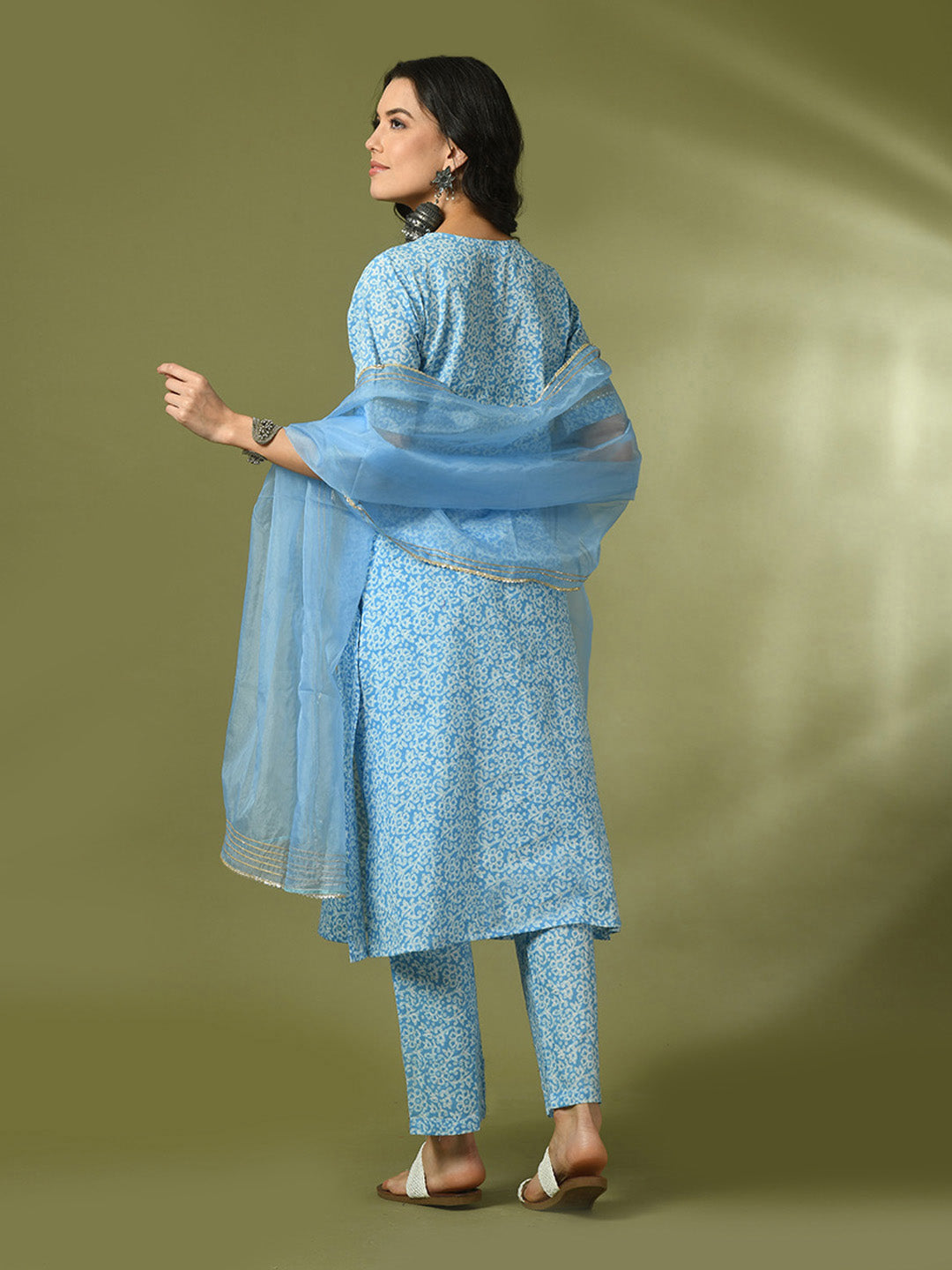 Women's  Blue Printed Cotton Straight Party Kurta Sets With Dupatta - Myshka