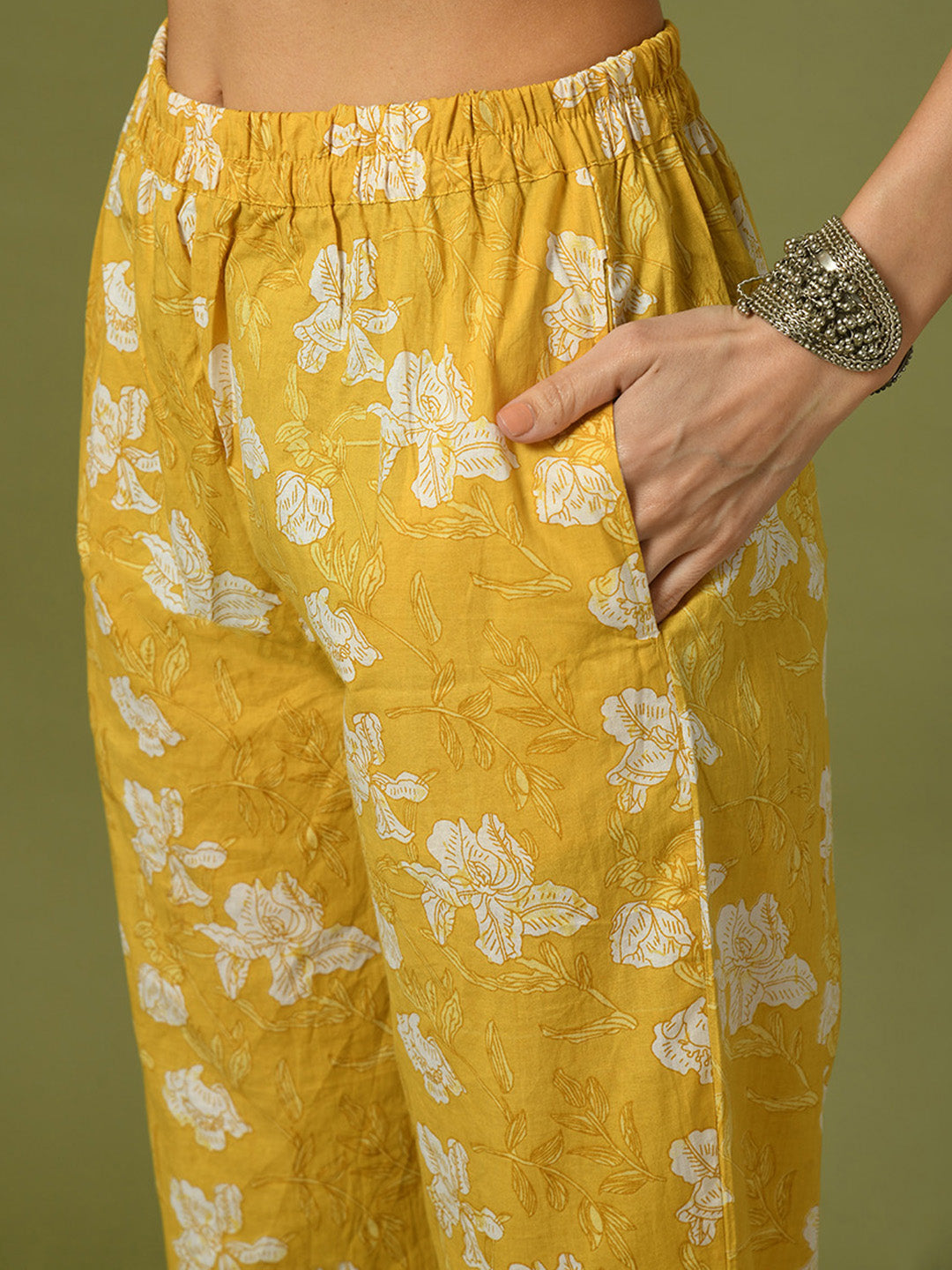 Women's  Yellow Printed Cotton Straight Party Kurta Sets With Dupatta - Myshka
