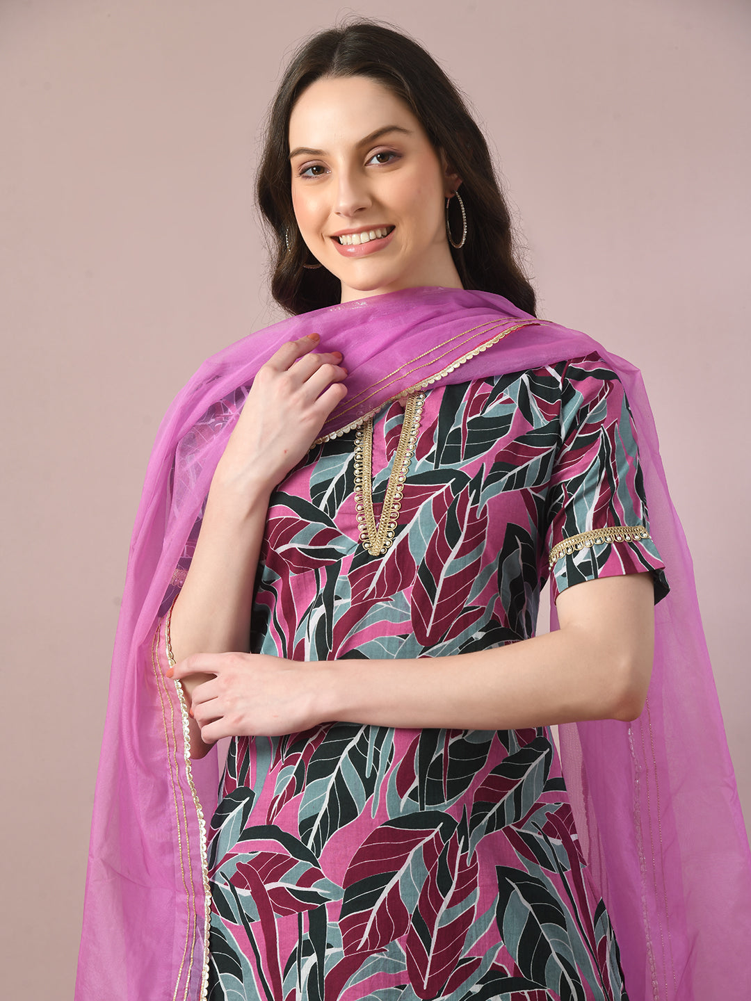Women's  Multi Printed Cotton Straight Party Kurta Sets With Dupatta - Myshka