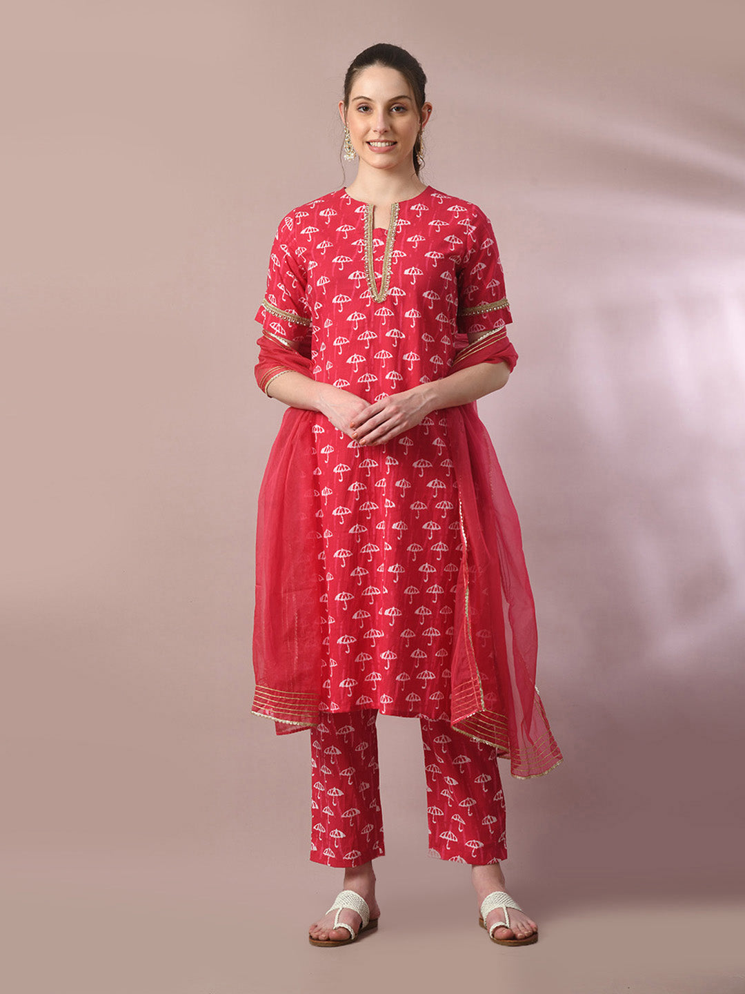 Women's  Pink Printed Cotton Straight Party Kurta Sets With Dupatta - Myshka