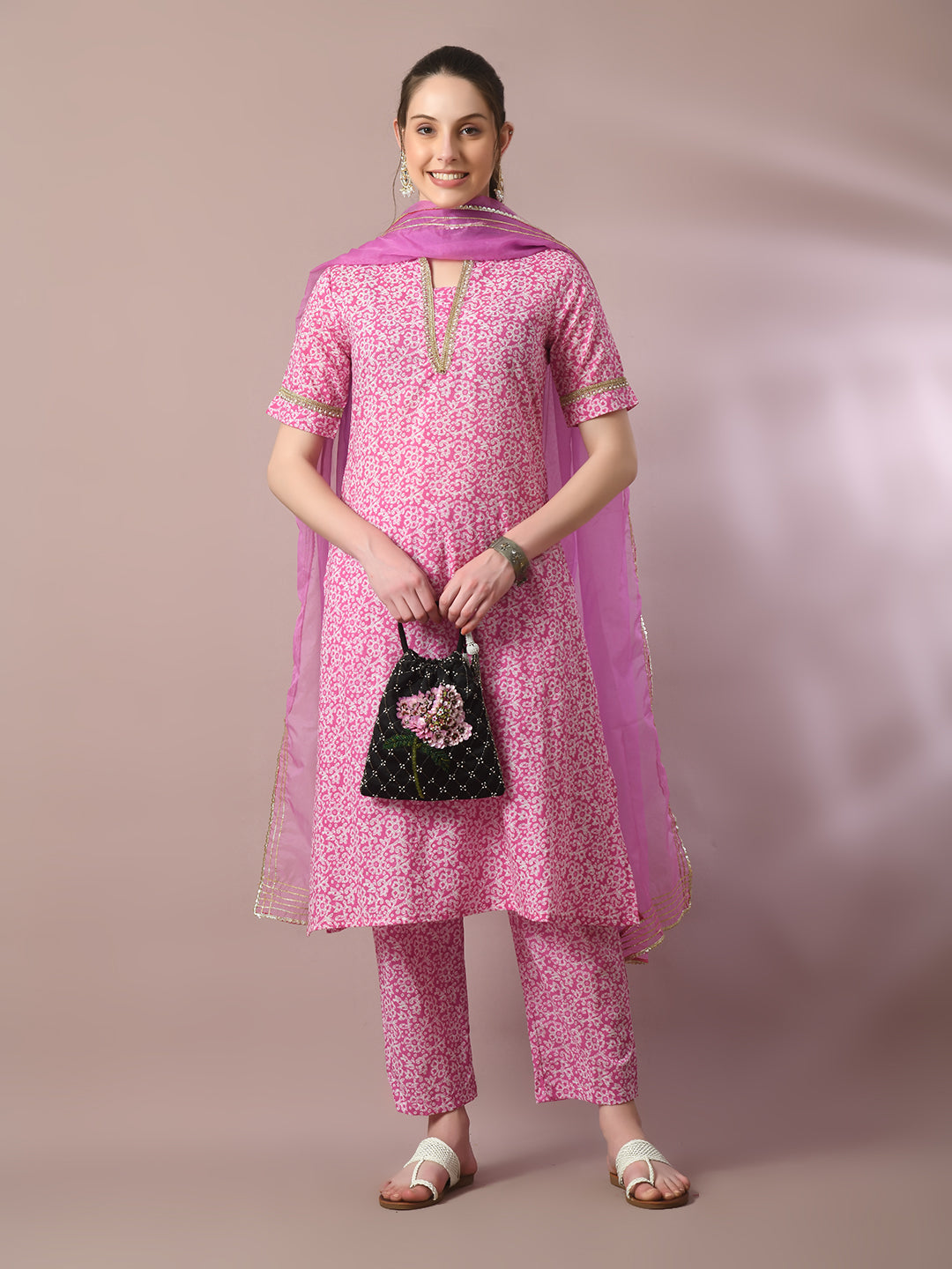 Women's  Pink Printed Cotton Straight Party Kurta Sets With Dupatta - Myshka