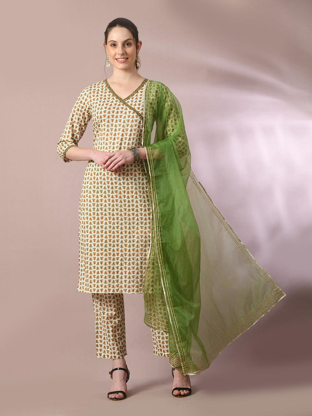 Women's  Multi Printed Cotton Straight Party Kurta Sets With Dupatta - Myshka