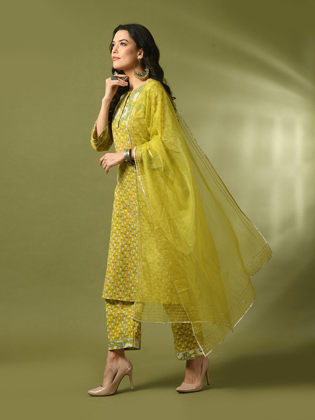 Women's  Yellow Printed Cotton Straight Party Kurta Sets With Dupatta - Myshka