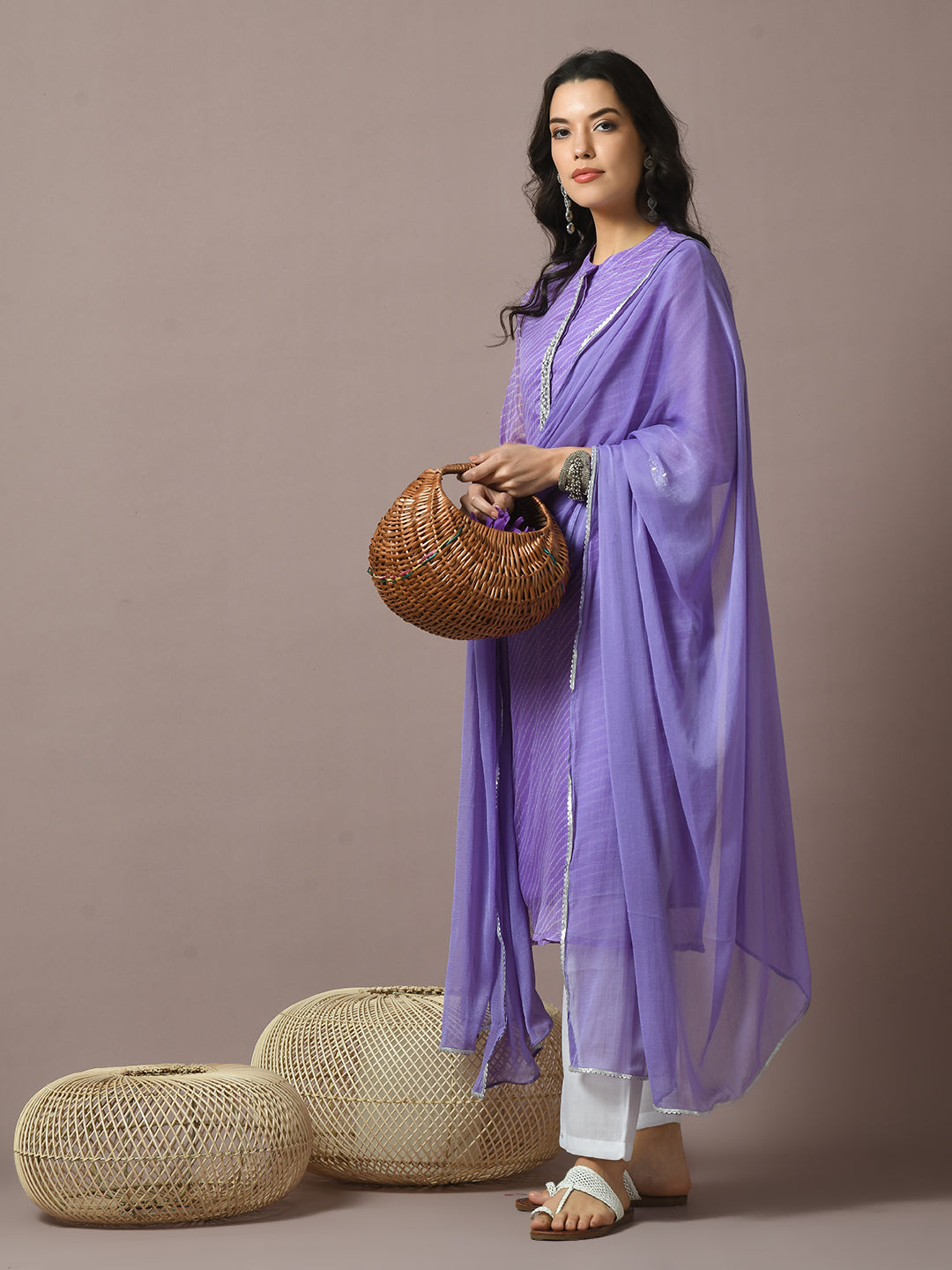 Women's  Lavender Printed Kota Straight Party Kurta Sets With Dupatta - Myshka