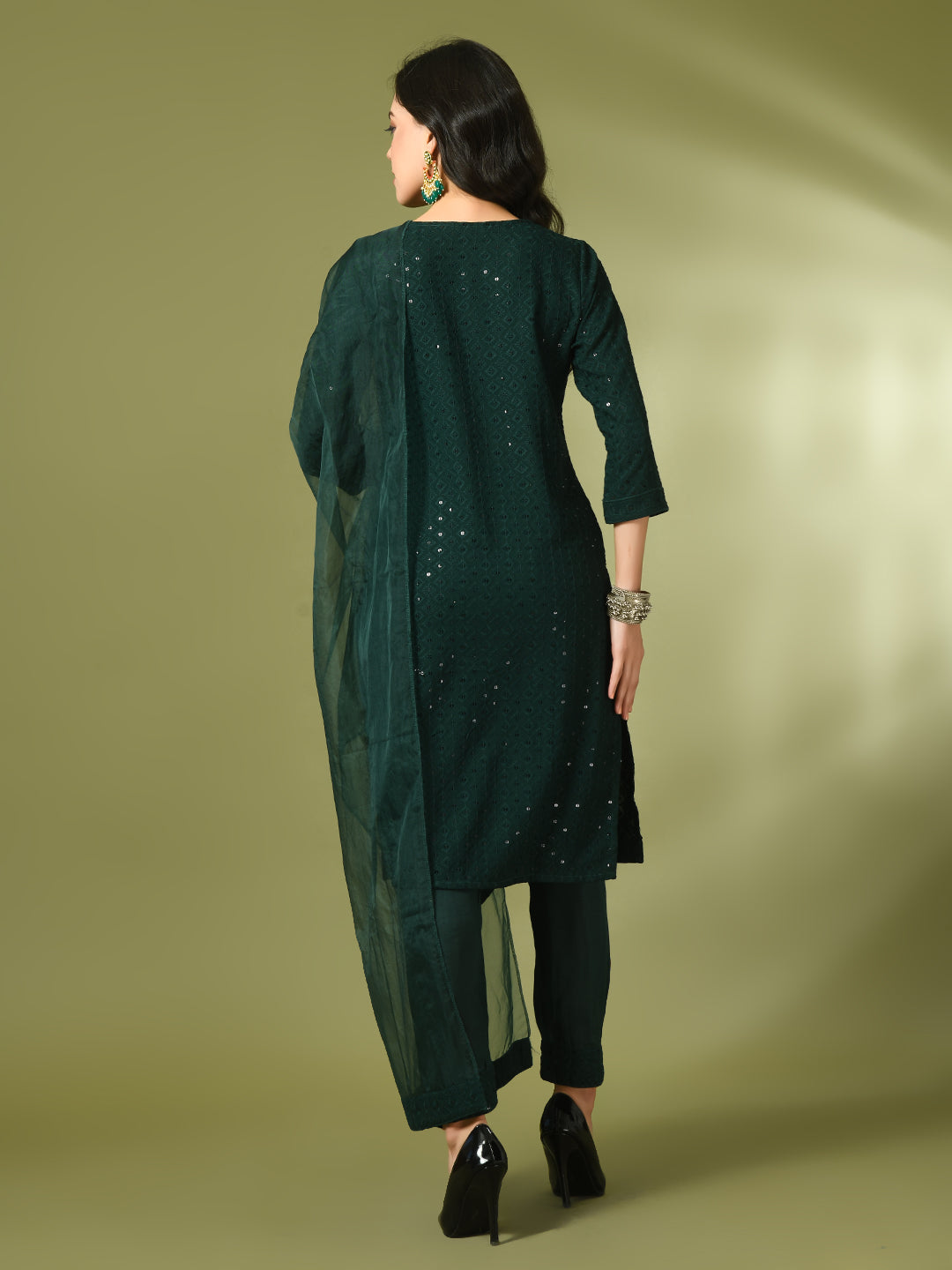 Women's  Green Embroidered Cotton Straight Party Kurta Sets With Dupatta - Myshka