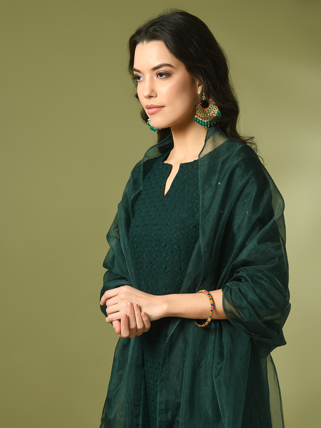 Women's  Green Embroidered Cotton Straight Party Kurta Sets With Dupatta - Myshka