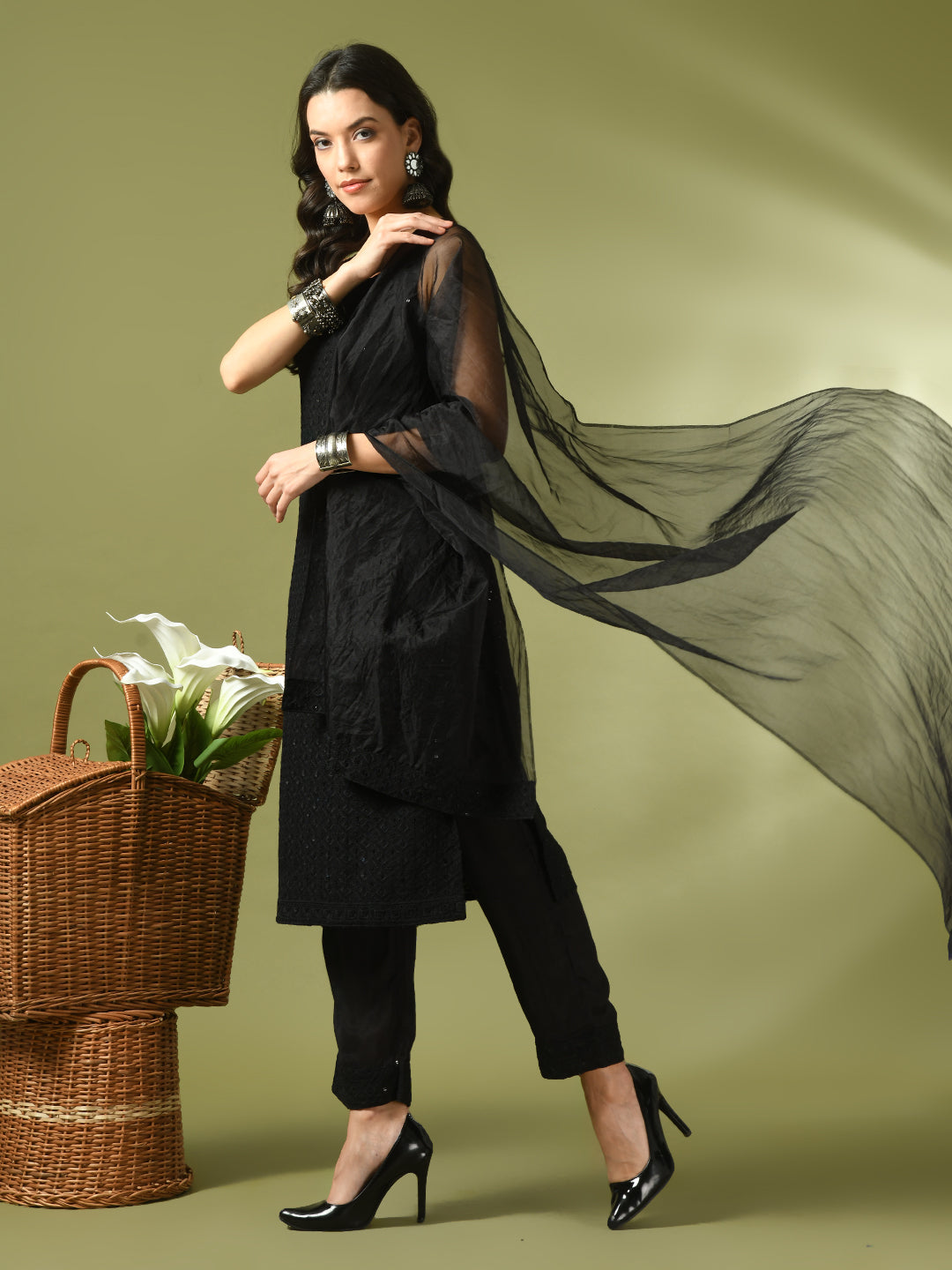Women's  Black Embroidered Cotton Straight Party Kurta Sets With Dupatta - Myshka