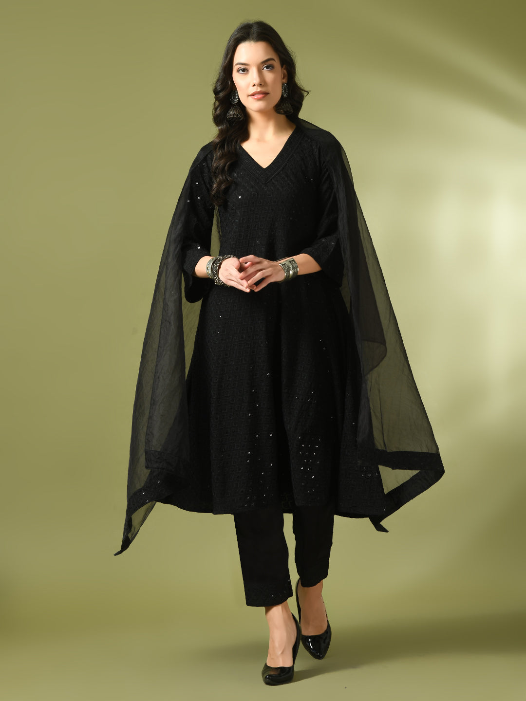 Women's  Black Embroidered Cotton A-Line Party Kurta Sets With Dupatta - Myshka