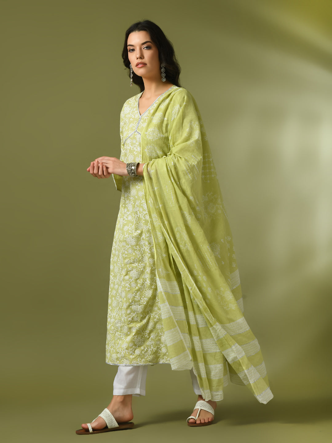 Women's  Lime Green Printed Cotton Anarkali Party Kurta Sets With Dupatta - Myshka