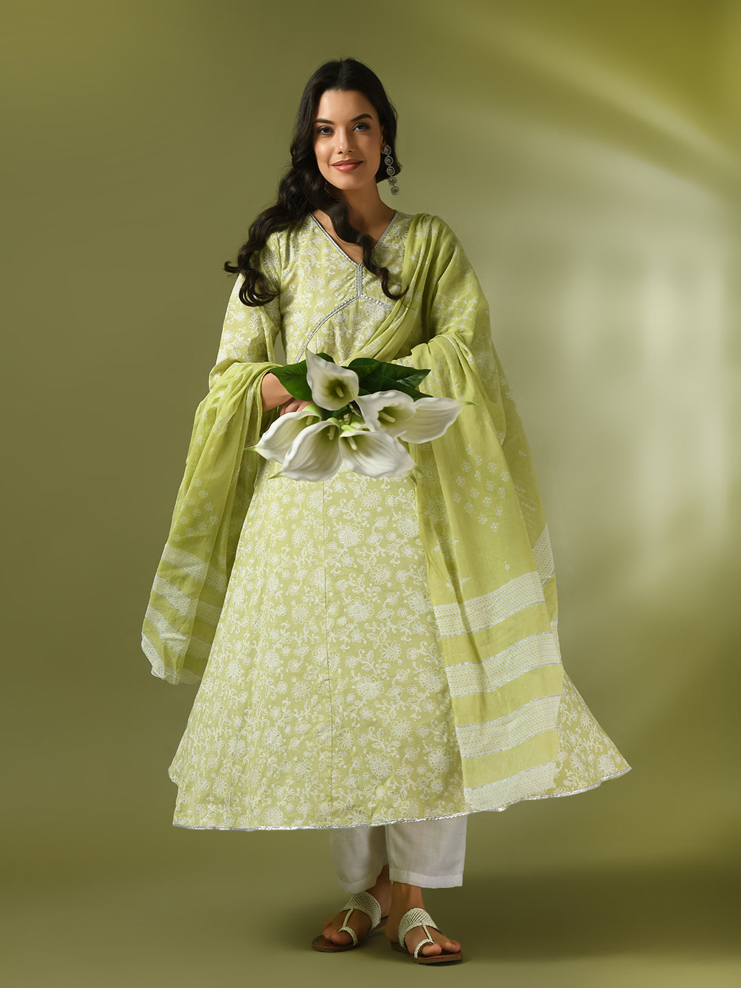 Women's  Lime Green Printed Cotton Anarkali Party Kurta Sets With Dupatta - Myshka