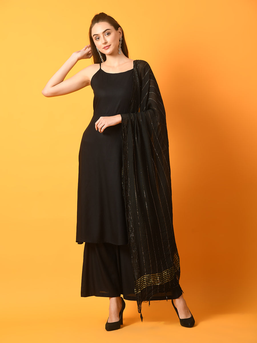 Women Black Cotton Printed Designer Neck flared anarkali kurta with pant & Dupatta