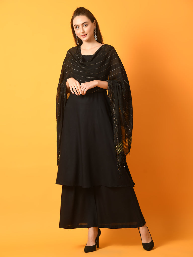 Women's  Black Solid Anarkali Party Kurta Sets With Dupatta