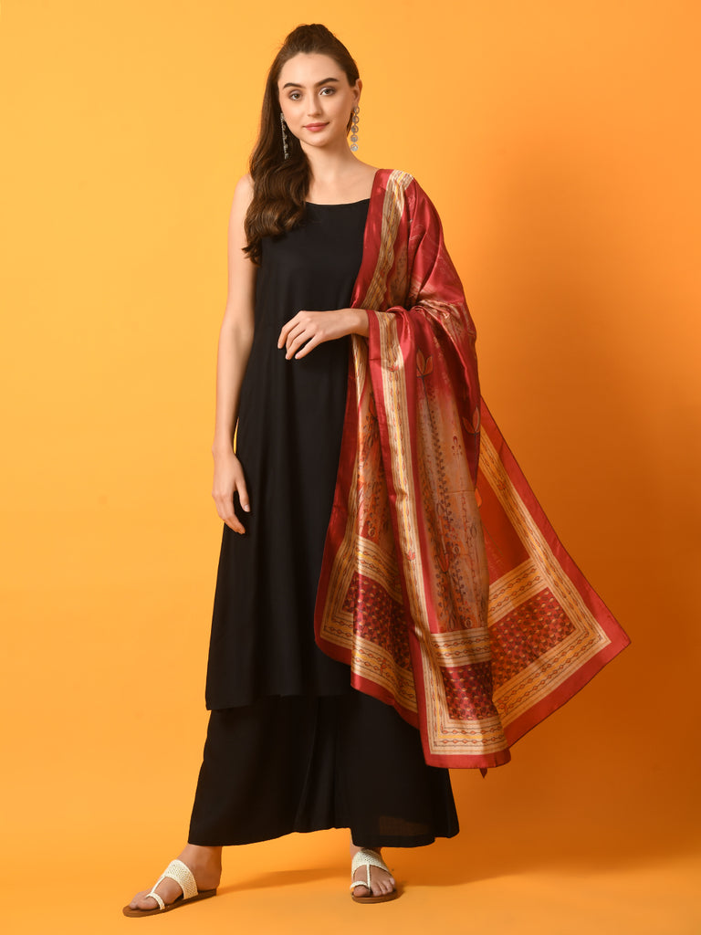 Women's  Black Solid Anarkali Party Kurta Sets With Printed Dupatta