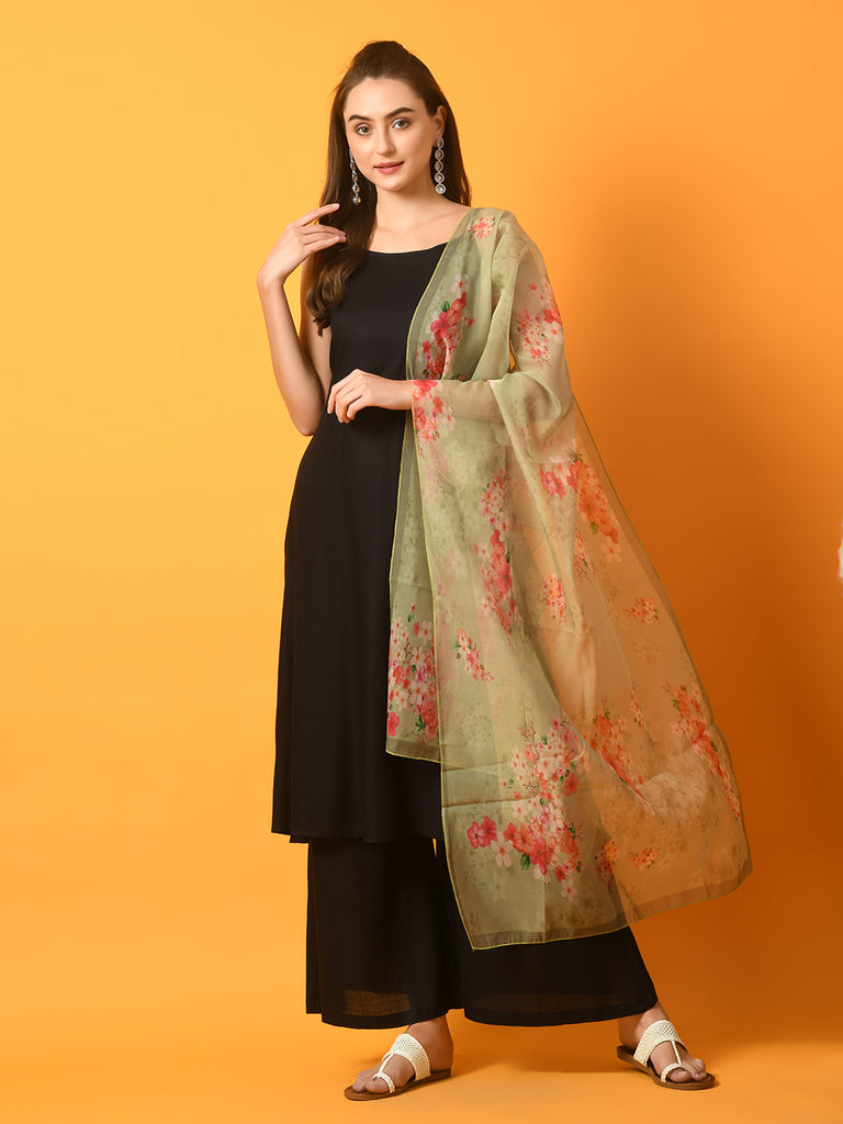 Women's  Black Solid Anarkali Party Kurta Sets With Printed Dupatta