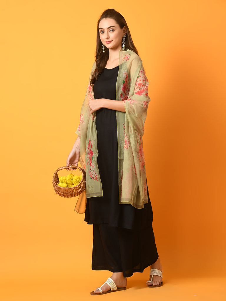 Women's  Black Solid Anarkali Party Kurta Sets With Printed Dupatta